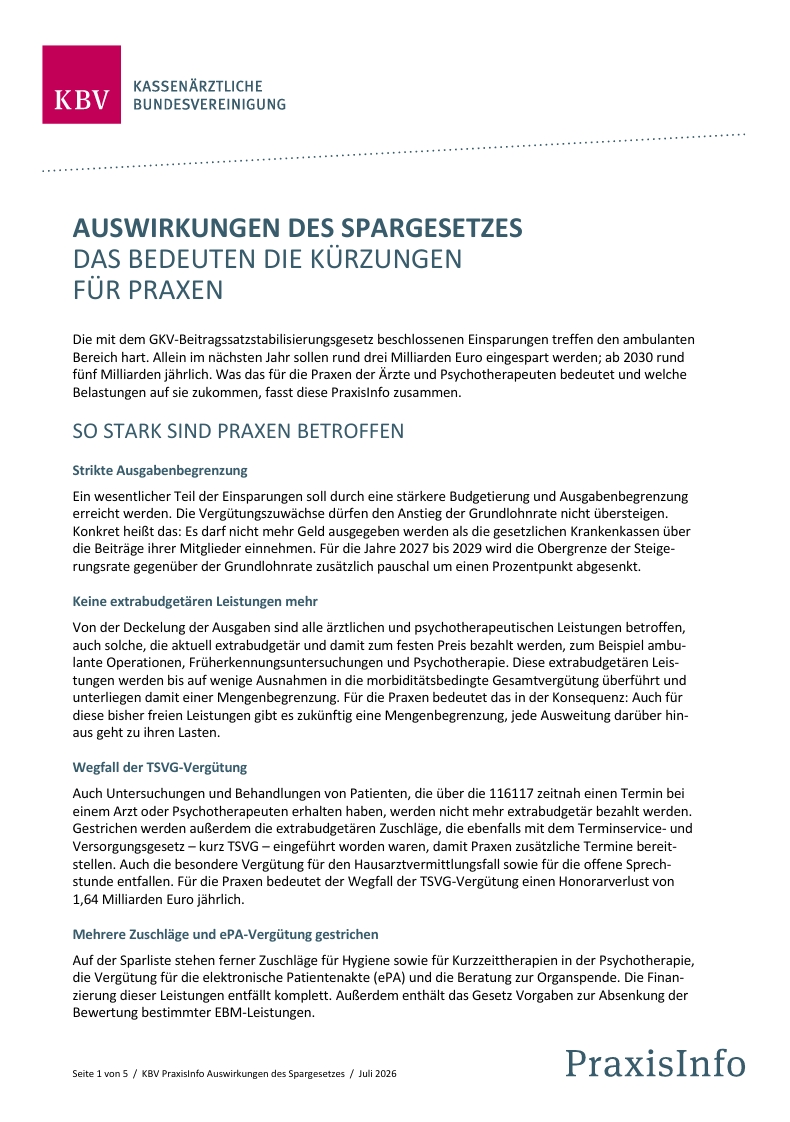 KBV: PraxisInfo – Auswirkungen und Sparliste kompakt (c) KBV