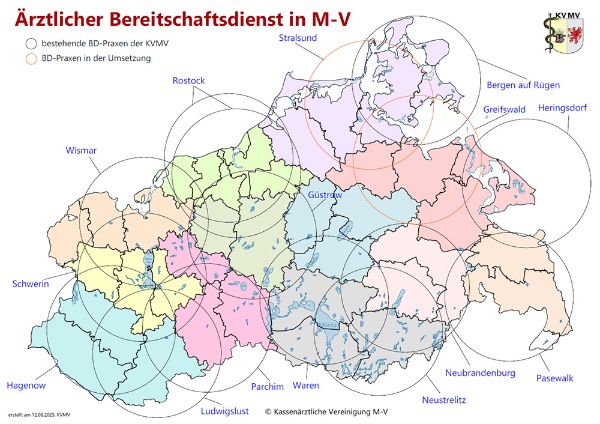 Karte mit Übersicht der Bereitschaftsdienstpraxen in Mecklenburg-Vorpommern (c) KVMV